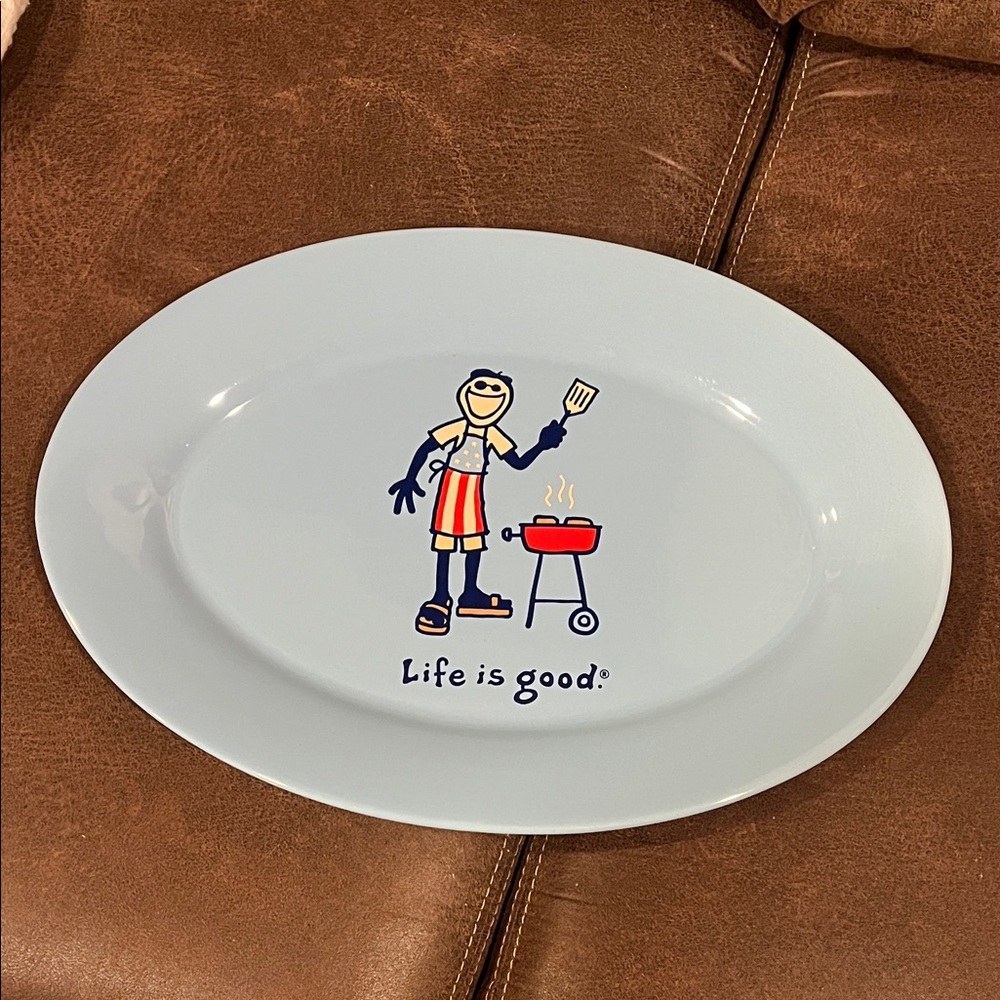Life Is Good Blue Oval Platter with Grilling Design